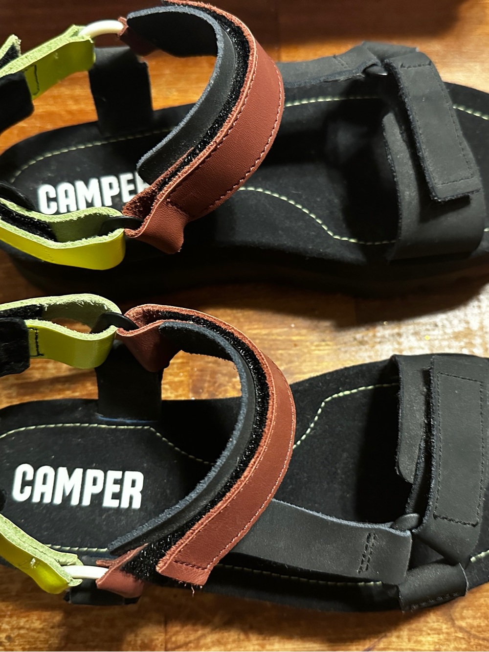 Camper Black Sandals with Brown and Neon Green Straps